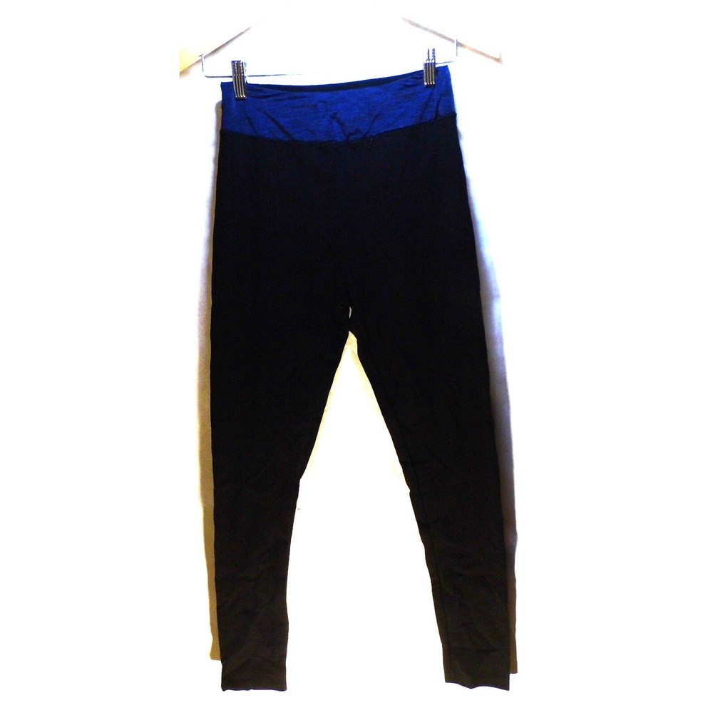 Black W/Blue Wide Waist Sport Leggings W/Pocket & Tummy Control Womens SZ M